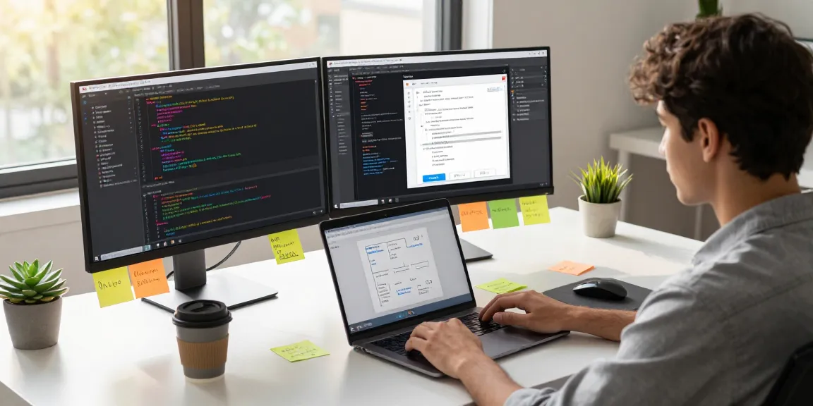 WPS Download process in a modern tech workspace with laptop, dual monitors, and productivity elements.