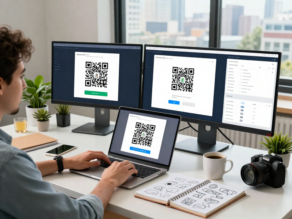 Dynamic QR Code Generator in action with a professional creating QR codes on a laptop in a modern workspace.