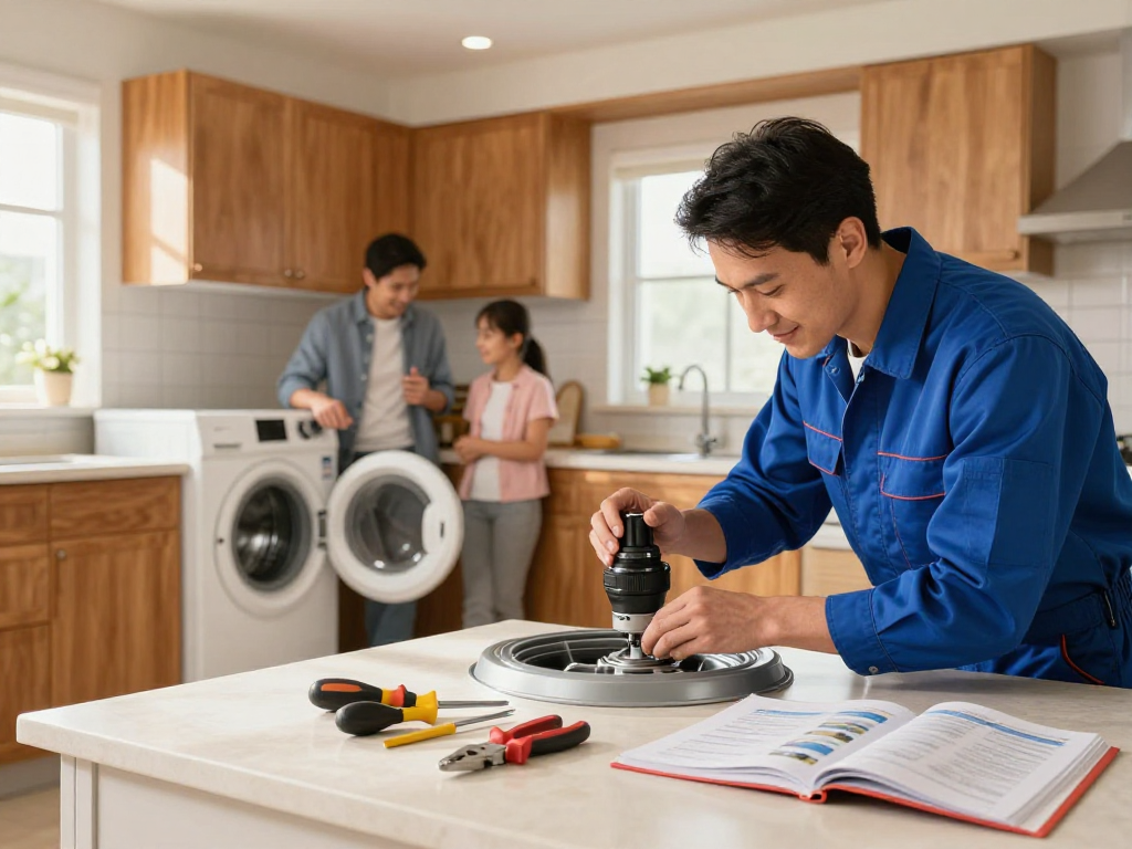 Professional washer repair service technician fixing a washing machine in a modern kitchen, ensuring family comfort and appliance reliability.