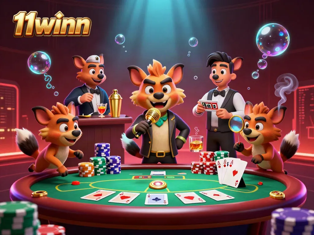 Experience thrilling casino fun at 11winn with hyena characters entertaining at a vibrant comedy club scene.