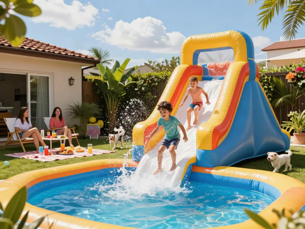 Children having fun on a slide water slide in a sunny backyard, enjoying summer.