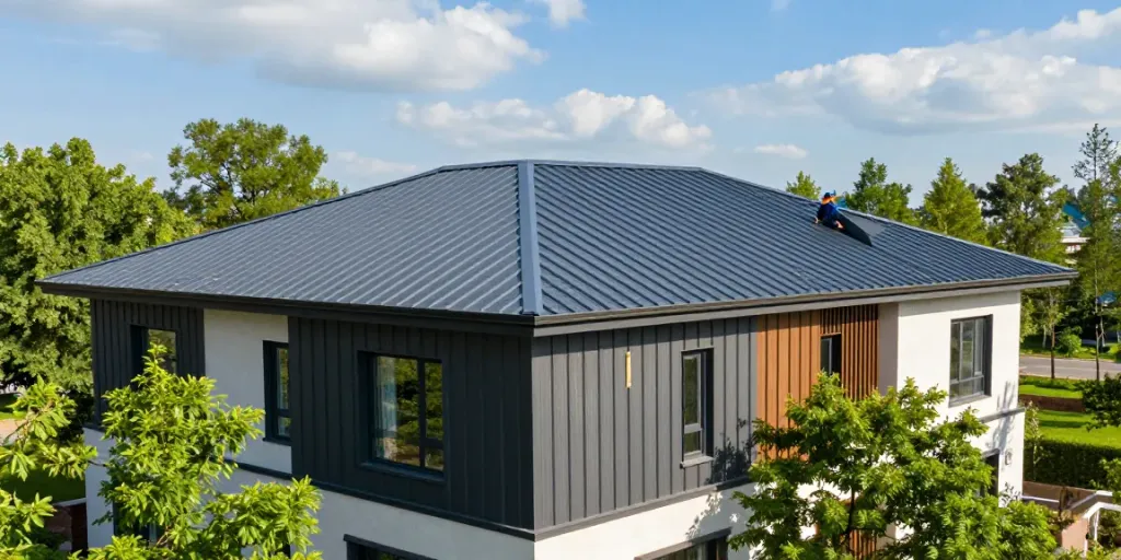 Standing Seam Cost reflected in aesthetic modern metal roof with vibrant colors and a worker inspecting it.