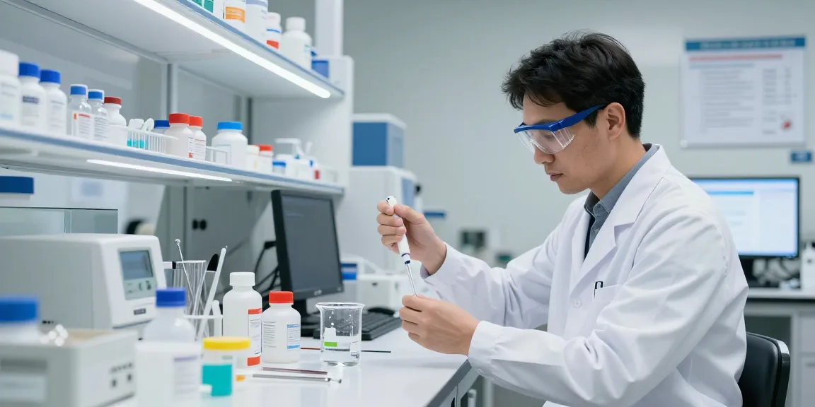 Healthcare professional managing medical and lab supplies in a clean lab environment, showcasing precision instruments and safety practices.
