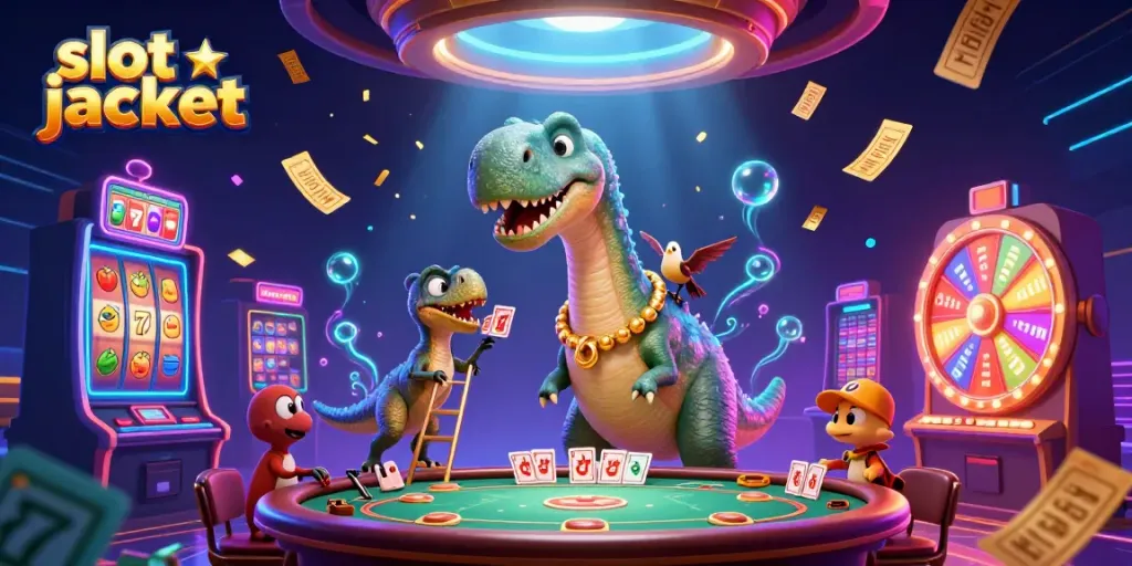 Engage in the thrilling scene of the vibrant slot jackpot with characters amidst dynamic casino elements and lively animations.