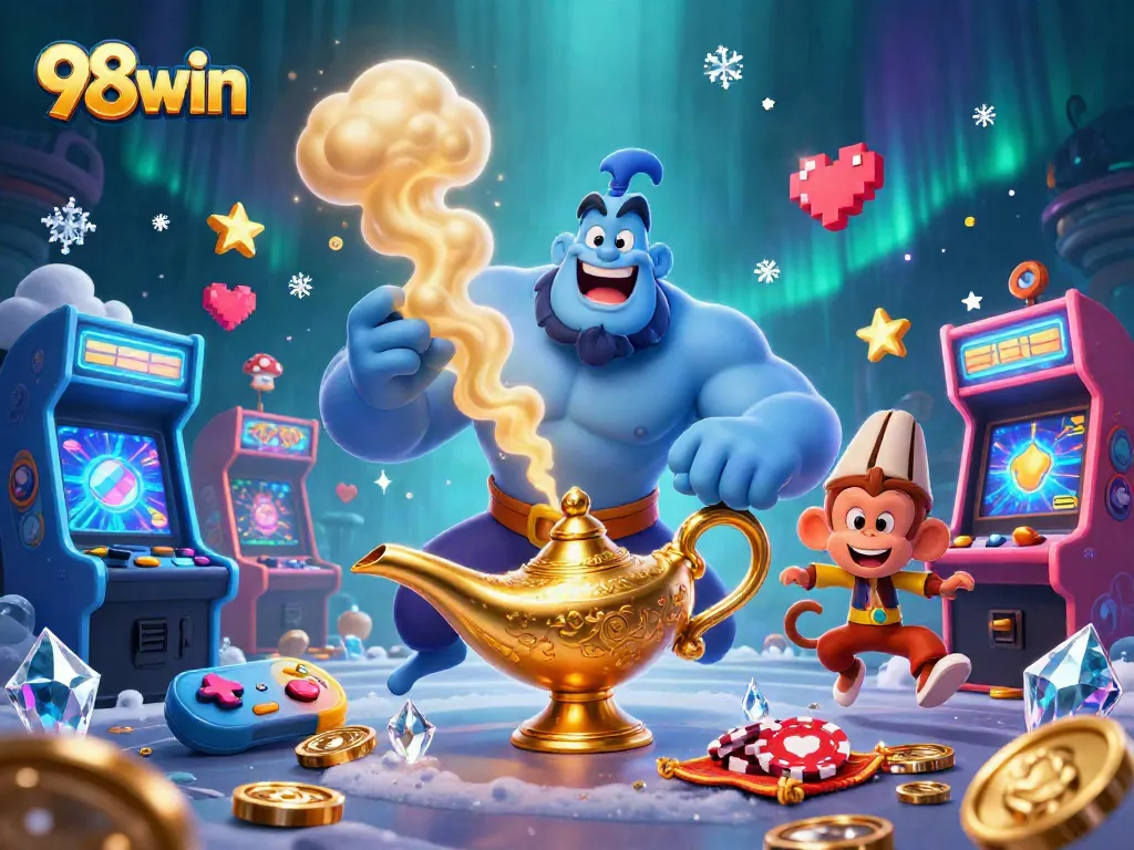 Interactive casino scene featuring a massive blue genie and poker chips embodying 98win gaming excitement.