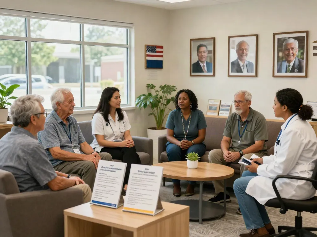 Veteran healthcare near me services offered at a welcoming community center with diverse veterans consulting healthcare professionals.