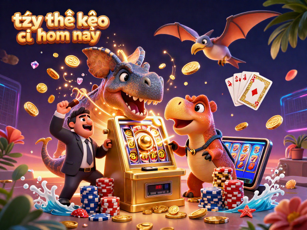 Engaging scene featuring tỷ lệ kèo nhà cái hôm nay as a pachycephalosaurus interacts with a slot machine, amidst a rich casino environment.