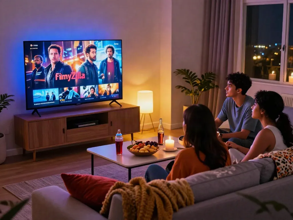 Exciting movie night setup with friends using FilmyZilla for streaming entertainment