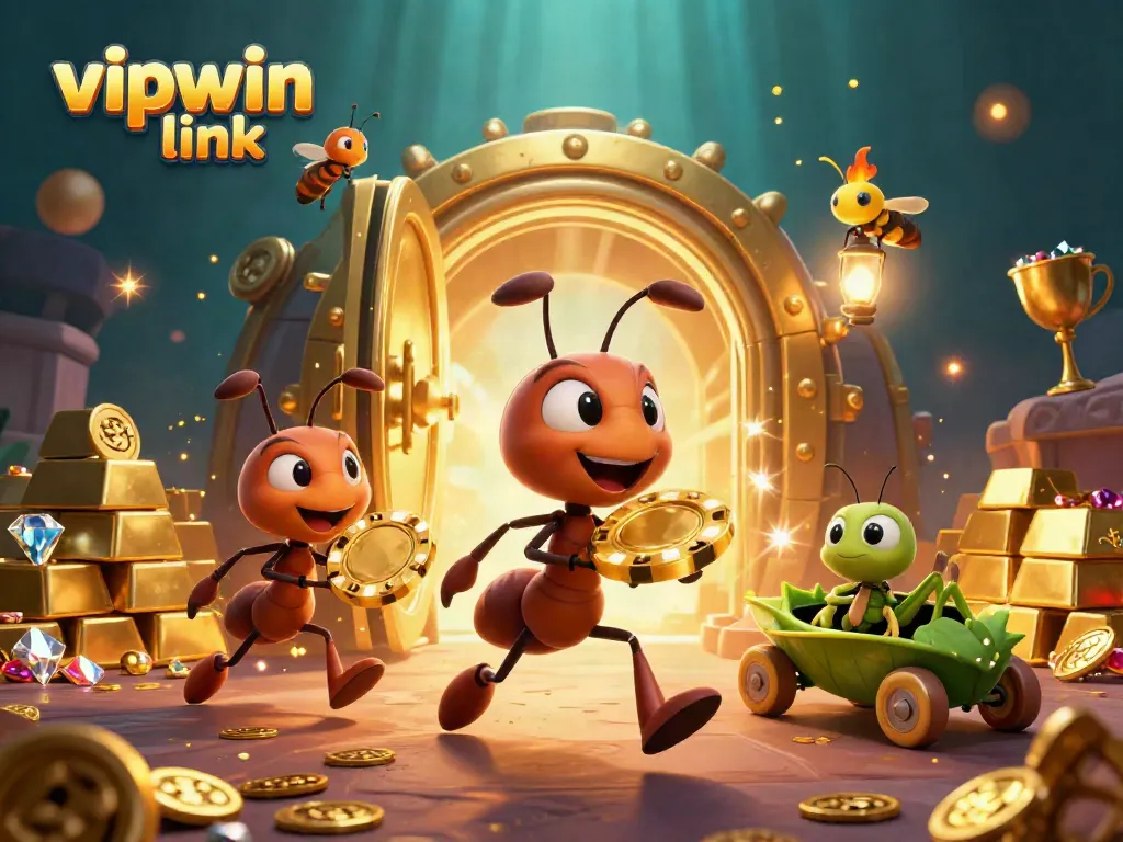 Experience the excitement with the vipwin link as ants and their team race for a giant poker chip in a vibrant casino-themed heist scene.